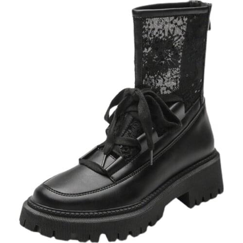 2021 Summer New Boots Women Thin Simple Fashion Short Boots Breathable Mesh Hollow Female High-top Black Leather Shoes
