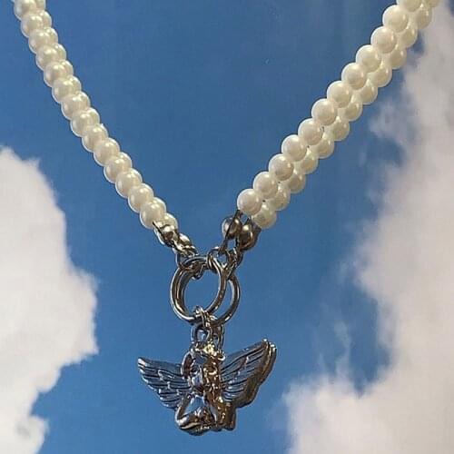 Y2K Pearl Cupid Angel Necklace For Women Metal Fashion Vintage Harajuku Charms Necklace Jewelry 90s Style Friendship Gifts