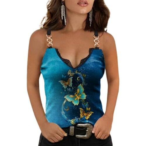 Sexy Women Trim Vest Fashion Butterflies Printed Lace V Neck Sleeveless Slim Women Camisole Top Summer 2021 Plus Size Vest