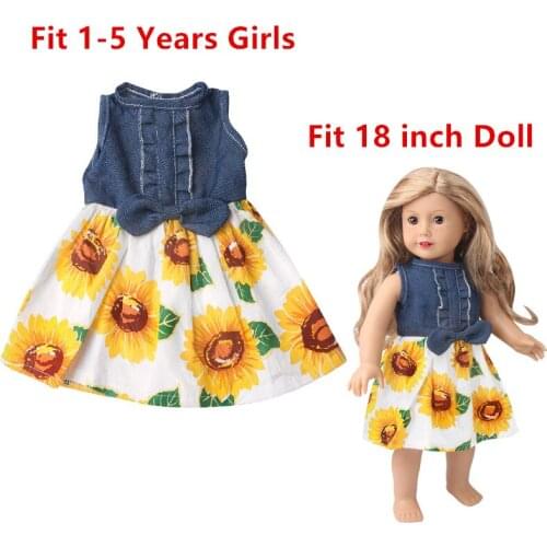 Manufacturer Hot Sale !!! Doll and Girl Matching Denim Sunflower Dress for Girls and 18" American Dolls Clothes