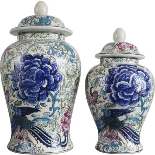 Hand Painted Phoenix Peony Ceramic Storage pot Home porcelain Ginger jar Decoration ceramic temple jar vase