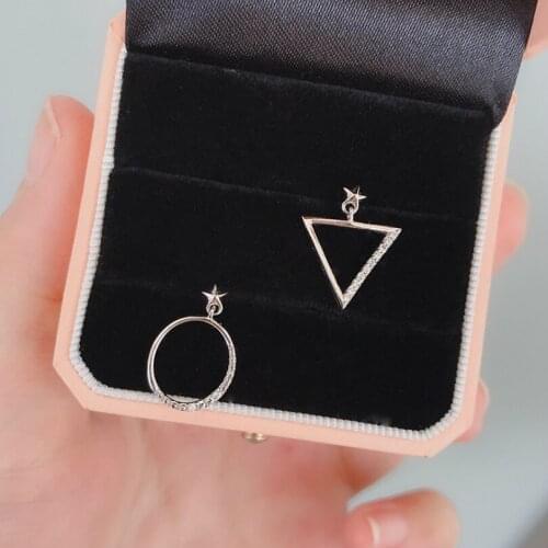 Simple 925 Sterling Silver Asymmetrical Triangle Circle Earrings Wholesale Female Wedding Party Gift