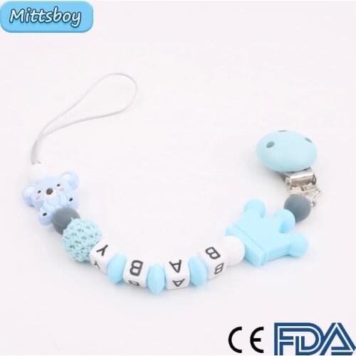 DIY Baby Pink Silicone Personalised Name Baby Pacifier Clips Crochet Beads Silicone Crown Pacifier Chain Holder Baby Shower Gift