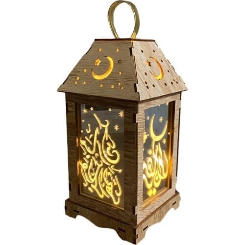 LED Eid Mubarak Decorative Lights Wooden Ramadan Palace Lantern Hanging Lamp Islam Muslim Event Party Supplies