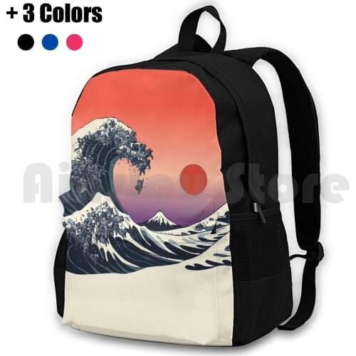 The Great Wave Of Black Pugs Outdoor Hiking Backpack Waterproof Camping Travel Graphite Vintage Animals Nature Pug Wave
