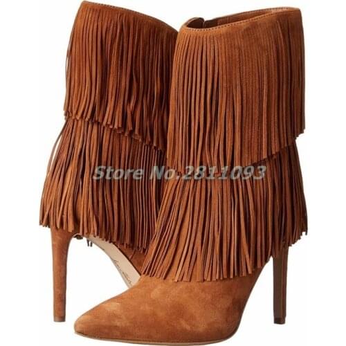 Suede Tassel Zipper Boots Thin High Heel Pointed Toe Brown Black Dress Winter Women Shoes Fashion Stiletto Heel Boots