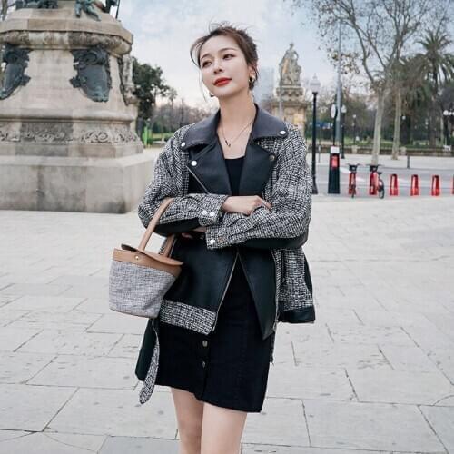 2021 Autumn New Harajuku Vintage Stitching Short Faux Leather Jacket Women Korean Loose Leather Motorcycle Jacket Streetwear