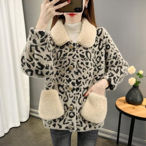 2021 spring and autumn new imitation mink fleece cardigan women leopard print fashion knitted sweater coat lapel loose top