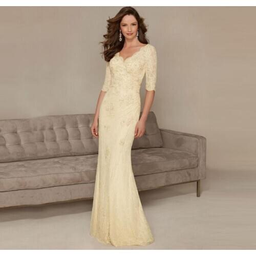 2021 Wholesale Elegant Champagne Mermaid Lace Deep V Neck Mother of the Bride Dresses Half Sleeves Wedding Guest Gowns Beaded