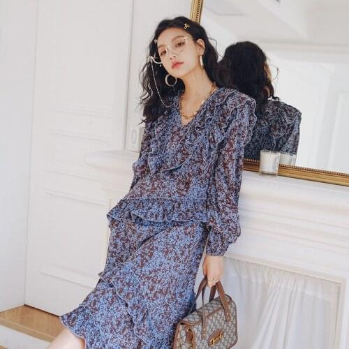 New autumn frilled floral dress Korean casual loose high waist MIDI dresses for women 2021