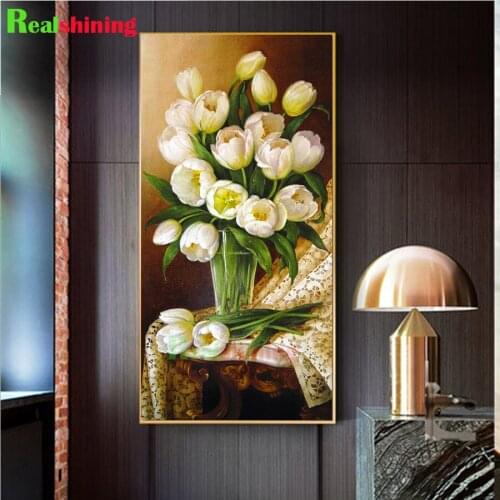 White tulip diy diamond painting full square round flower diamond embroidery drill mosaic cross stitch living room decor N1736