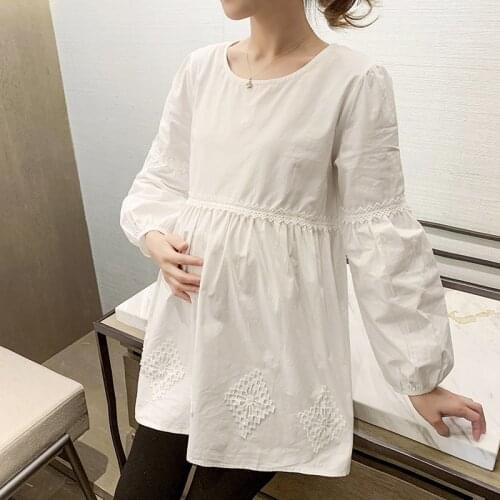 White Cotton Maternity Blouse Spring Korean Fashion Shirt Clothes for Pregnant Women Sweet Pregnancy Tops Drop Shipping