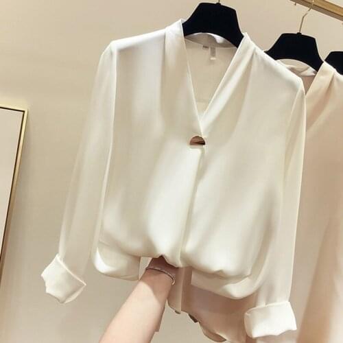 White Chiffon Women Shirts Summer New Single Button V-Neck Solid Loose Elegant Office Lady All Match Outwear Tops