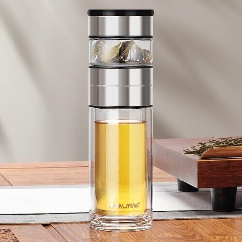 450ML Business Type Water Bottle Glass Bottle with Stainless Steel Tea Infuser Filter Double Wall Glass Sport Water Tumbler