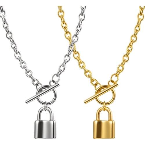 HUIET Gold Stainless Steel OT Chain Lock Pendant Charm Necklace Women Men OT Necklaces Jewelry Trendy Simple OT Clasps Chains