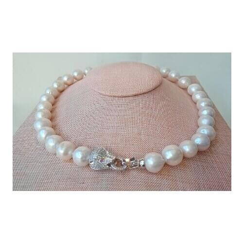 Long chain 11-12mm round genuine cultured keshi frehswater pearl necklace leopard head CZ clasp Genuine Natural jewelry