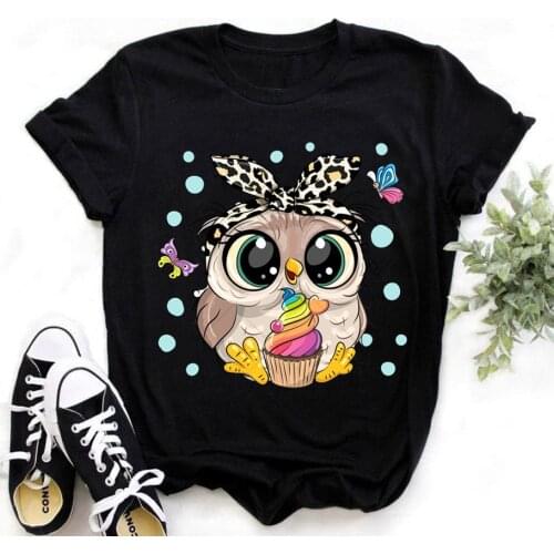 2021 New Tops Trend Cute Owl Women Print Ladies T-shirt Casual Basics O-collar White Shirt Short Sleeve Ladies T-shirt,Drop Ship