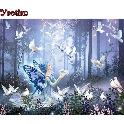 5D DIY Cross Stitch Diamond Painting Kit Little fairy elf girl pigeon Full Square Round Drill Diamond Embroidery Mosaic Set Gif