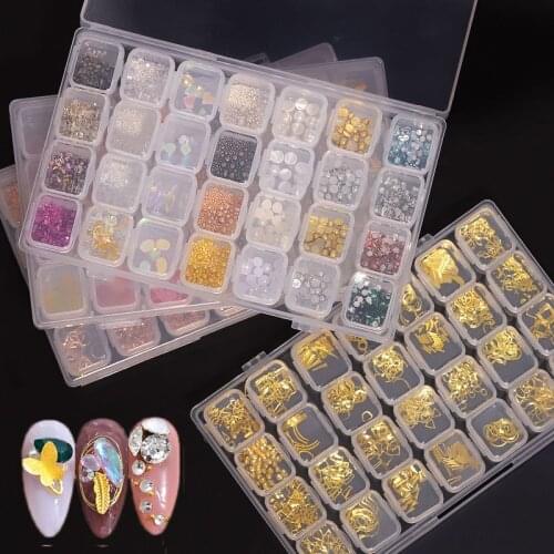 28 Grids Nails Accessories Jewelry Set,Pear/Metal/Shell/Resin/Crystal Rhinestone for Manicure/DIY,Nail Art Decorations Kit#DXM12