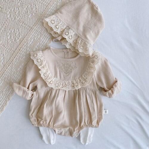 Autumn Baby Clothes Set Fashion Embroidered Ruffled Long Sleeve Romper + Lace Patchwork Hat 2-Piece Toddler Baby Girl Jumpsuit