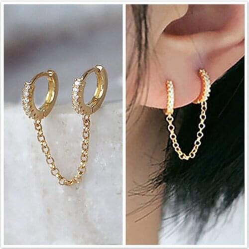 1 Pc Hot Sale Two Hole Piercing Earrings for Women Brilliant Crystal Zircon 2 Metal Color Chain Earring Party Jewelry Earrings
