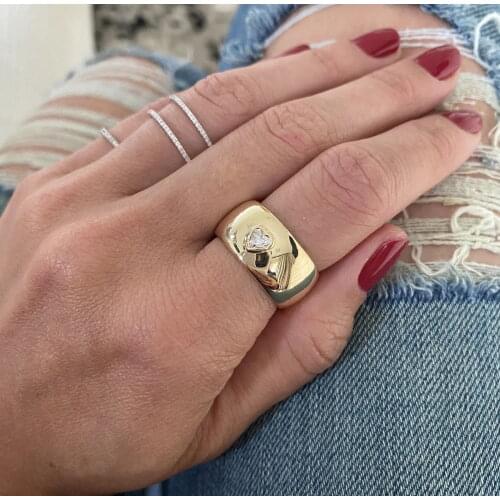 Wide Gold Color Engagement Band Ring Classic Simple Single Stone Design Full Finger Jewelry