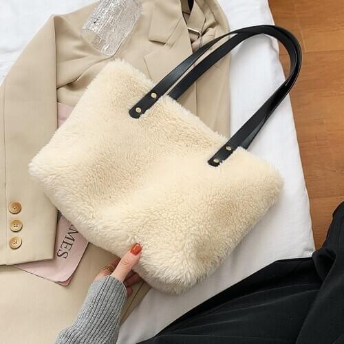 Lambswool Shoulder Bags for Women Winter Totes Soft Plush Faux Fur Handbags and Purses Lady Casual High Capacity Hand Bag