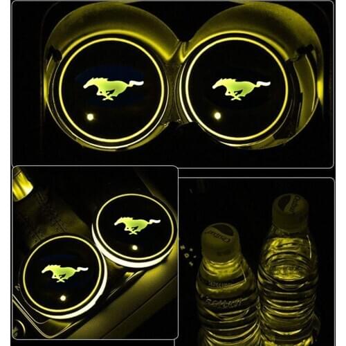 2X Led Car Logo Cup Lights Water Coaster Colorful Luminous Atmosphere Light For Ford Mustang GT SHELBY Auto Accessories