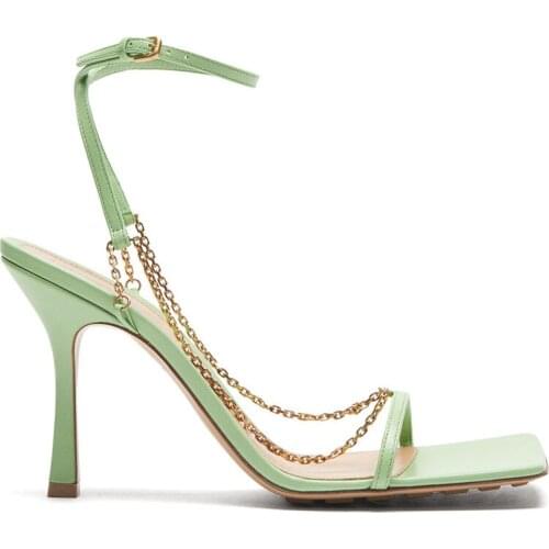 Summer Pumps Fashion Chain Slippers Sandals Shoes Women Thin High Heels Slip on Square Toe Slides Sandal Lady Pump Shoes Mules