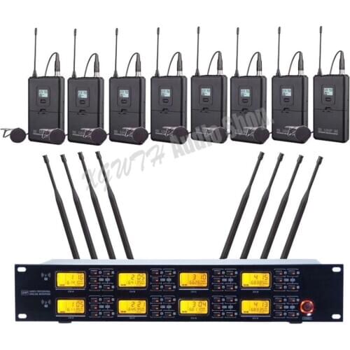 UHF Wireless Microphone System 8 Lavalier Lapel Collar Clip-on Mic 1 Wireless Receiver Cable LCD Display For Karaoke