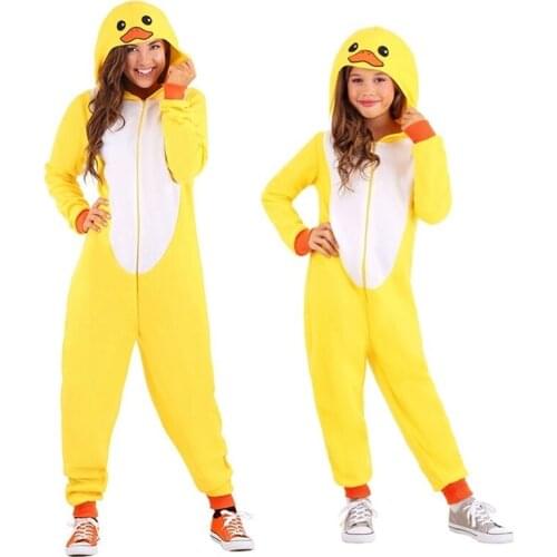 Adult Kids Kigurumi Yellow Duck Cosplay Onesie Cartoon Fleece Pajamas Animal Halloween Party Costume Jumpsuits Hooded Pyjamas