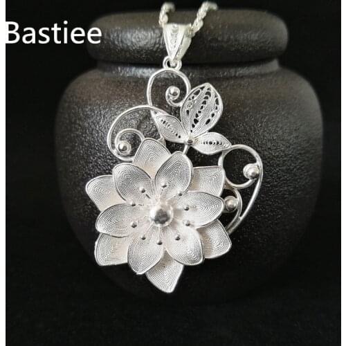 Bastiee 999 Sterling Silver Flower Pendant For Women Luxury Jewelry Hmong Handmade Pendants Necklace Ethnic Romantic Charms Gift