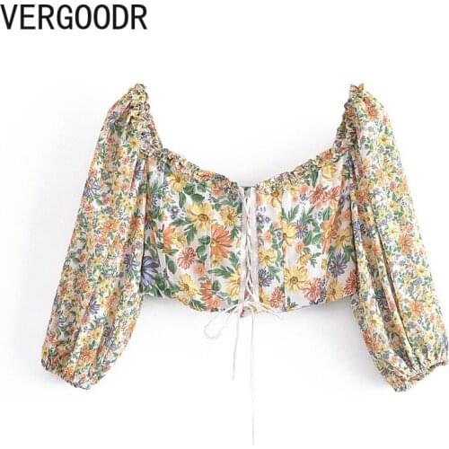 Vergoodr Retro Garden Flower Print Womens Tops 2021 Autumn Short Strappy Sexy Halter Shirt Top Bustier Top Blusa Mujer