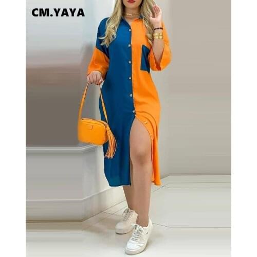 CM.YAYA Women Dress Patchwork Half Sleeve Turn-down Collar Single Breasted Loost Midi Dresses Casual Fashion Outfit Summer 2021