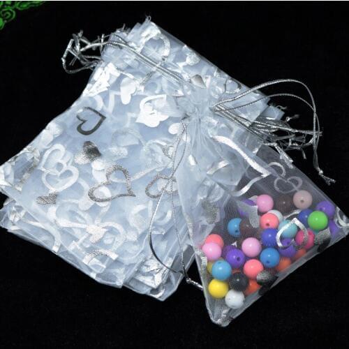 100pcs/set 13x18cm Organza gift bags White With Silver Heart Drawable Organza Bags Wedding Christmas Gift Bag free shipping