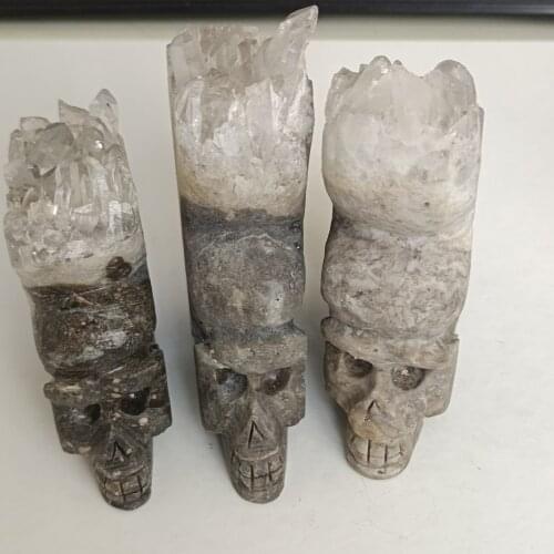 1pc Natural Crystal Cluster Skull Hand Made Carved Figurine Feng Shui Healing Stone Handicraft Decoration Gifts