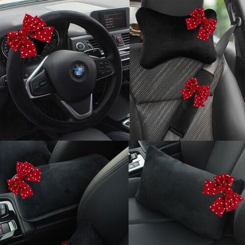 Retro Red Dot Bow Universal Car Seat Headrest Neck Pillow Waist Support Auto Seatbelt Cover Car Accessories Interior for Women