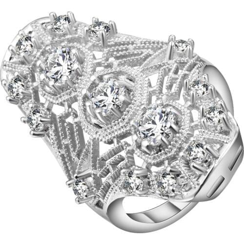 Big White Austrain Crystal Hollow CZ Finger Rings Silver Color Vintage Statement Geometric Design Rings Jewelry For Women Friend