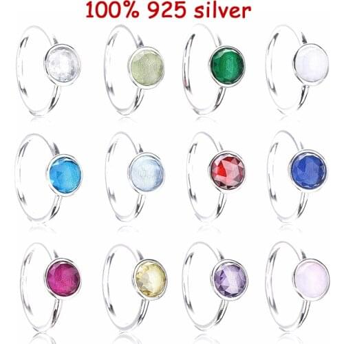 Lomeo 100% 925 Silver Original LOGO month color crystal stone birthday ring DIY woman fashion exquisite jewelry gift