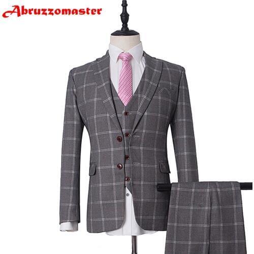 Light Gery Wedding suit Single Breasted Tailor Suit Blazer Plaid Suit Groom Tuxedos England Suits Jacket+pants+vest