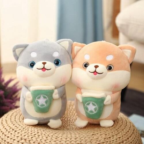 Cute Plush Gray/Brown Shiba Inu Holding Milk Tea Toy Soft Stuffed Cartoon Animal Dog Doll Bedroom Decor Girls Valentines Gift