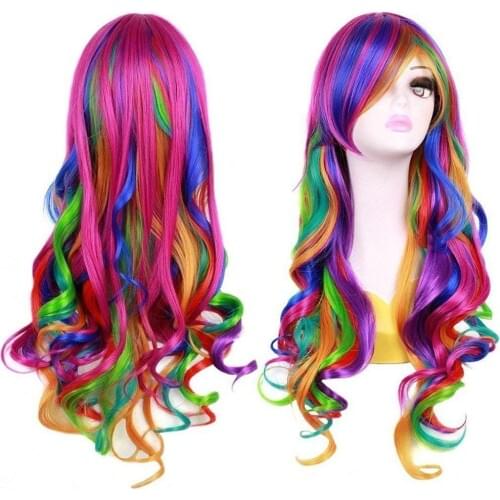 Multi Color Women Wigs Halloween Party Clown Wear Anime Harajuku Style Rainbow Curly Synthetic Hair Party Costume Lolita Wig