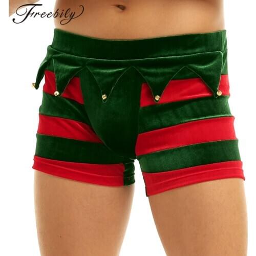 Men boxers Velvet Wide Elastic Waistband Bulge Pouch Christmas Holiday Fancy Cosplay Costume Striped Boxer Shorts with Bells