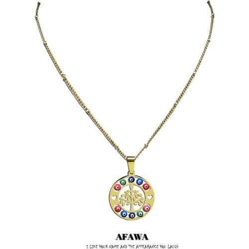 Turkey Eye Stainless Steel Islam Colorful Tree of Life Chain Necklace Gold Color Round Necklaces Jewelry arbre de vie N5213S01