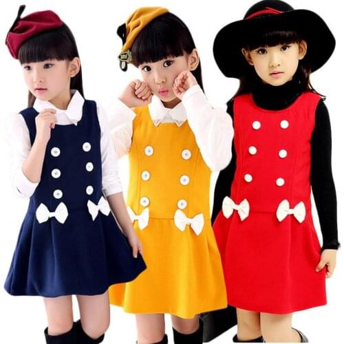 3-10years Girls Fall Winter Vest Dress New School Style Kids Woolen Princess Clothes Children Korean Button Bow Dresses