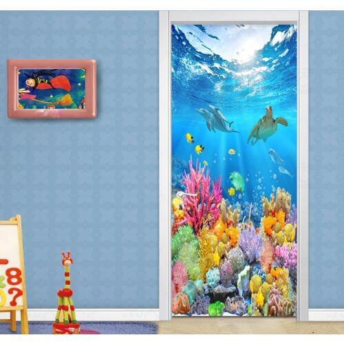 PVC Self Adhesive Waterproof Photo Wallpaper 3D Underwater World Cartoon Murals Childrens Bedroom Door Sticker Papel De Parede