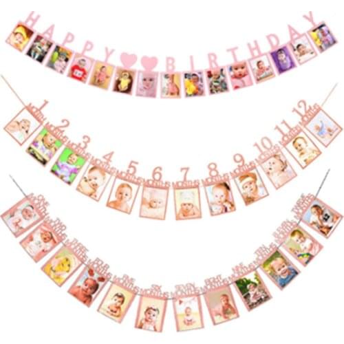1 Set Happy Baby 1st Birthday Photo Frame Banner for Family First Party Favors Kids Boy Girl Gift Supplies 12 Month Decoration