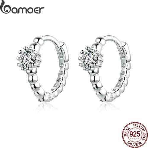 Bamoer Silver Wedding Ear Hoops for Women Clear Cubic Zirconia Tiny Circle Earrings Korean Crystal Fashion Jewelry BSE194