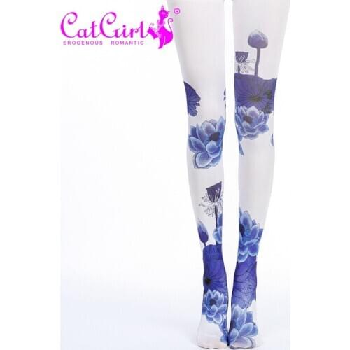 Blue Flower Patterned Print Tights Women New Fashion Designs Pantyhose