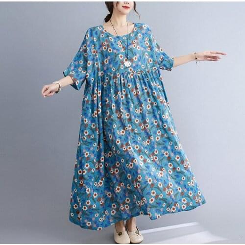Vintage Casual Loose WomenS Dress Plus Size Cotton Linen Floral Printed Boho Long Dress Vintage Female Holiday Beach Dress Robe